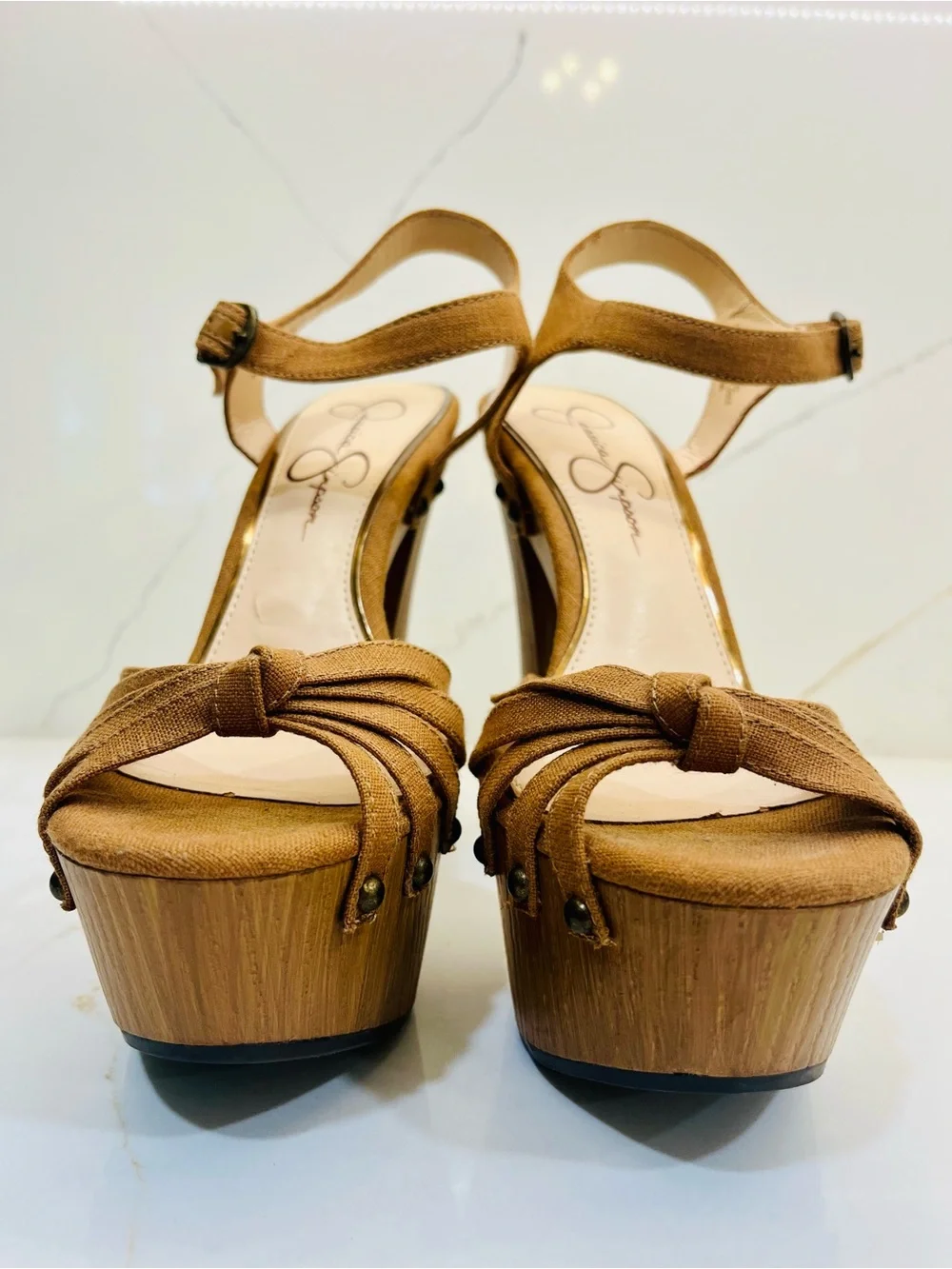 Jessica Simpson Jip-Detina Platform Heels Brown Canvas & Faux Wood Size 8 NWOT